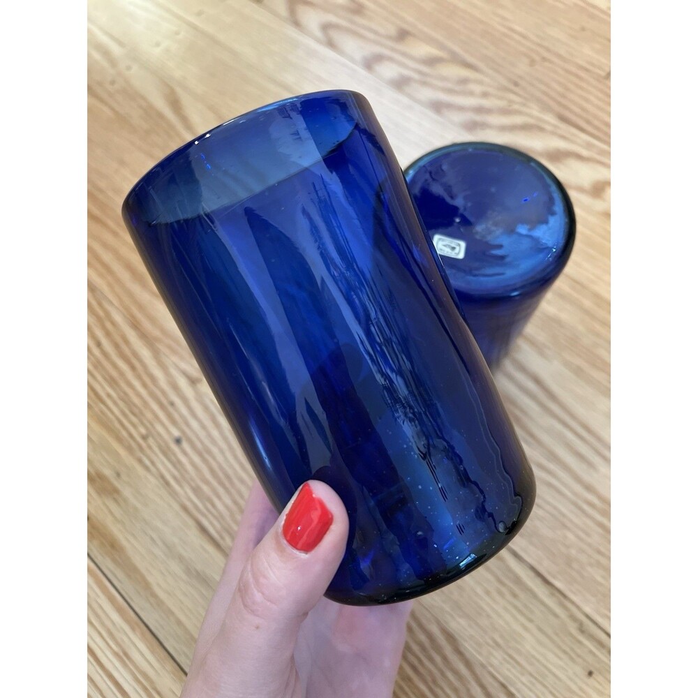 2 Hand Blown Cobalt Blue Mexican Drinking Glass 5” Tumblers